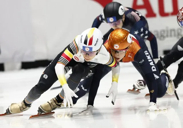 Belgium's Hanne Desmet and Netherlands' Suzanne Schulting compete in the women's 1000m final during the ISU World Short Track Speeding Skating Championships at Rotterdam Ahoy in Rotterdam, The Netherlands on March 17, 2024. (Photo by Piroschka Van De Wouw/Reuters)