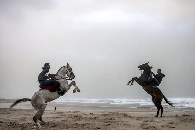 Youths rear their horses as they ride during stormy weather along a beach by the Mediterranean Sea in Gaza City on December 8, 2021. (Photo by Mohammed Abed/AFP Photo)