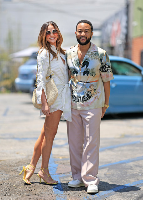 American model and TV personality Chrissy Teigen and American singer-songwriter John Legend are seen at The Mother Nature's Gift Gallery Flamingo Estate pop-up in Downtown on May 12, 2024 in Los Angeles, California.  (Photo by Rachpoot/Bauer-Griffin/GC Images)