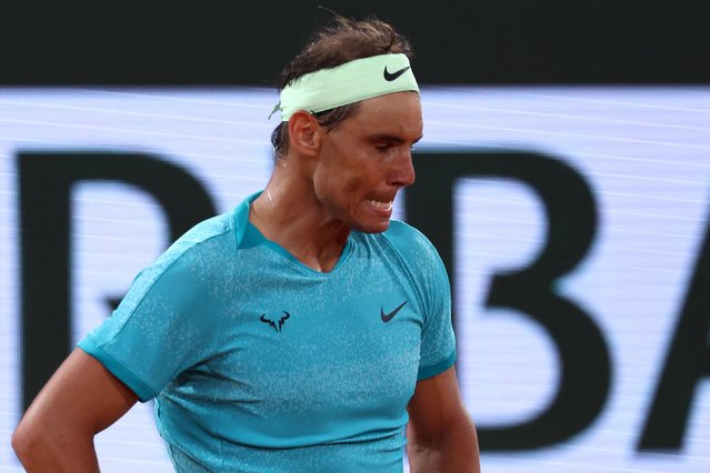 Spain's Rafael Nadal reacts during his men's singles match against Germany's Alexander Zverev on Court Philippe-Chatrier on day two of the French Open tennis tournament at the Roland Garros Complex in Paris on May 27, 2024. (Photo by Emmanuel Dunand/AFP Photo)