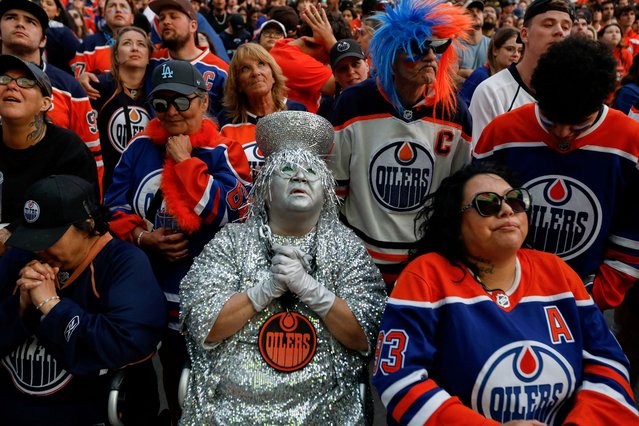 Fans react as they watch game seven of the 2024 Stanley Cup Final between the Edmonton Oilers and Florida Panthers in Edmonton, Alberta, Canada on June 24, 2024. (Photo by Amber Bracken/Reuters)
