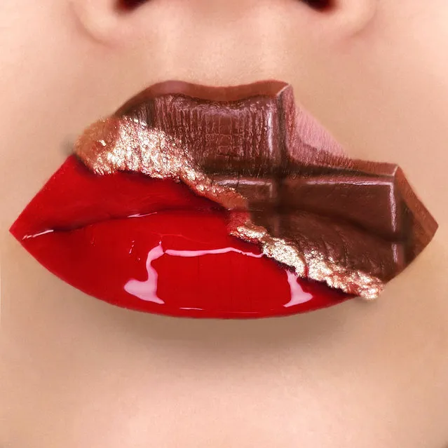 Tutushka's lipstick art work on her lips showing a chocolate bar being unwrapped. (Photo by Tutushka Matviienko/Caters News Agency)