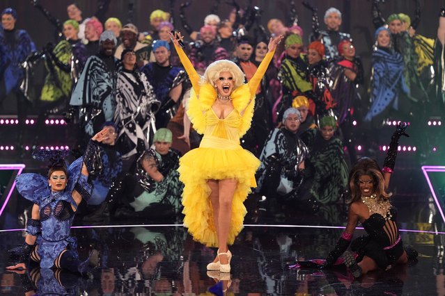 Drag acts perform during the second semi final at the Eurovision Song Contest in Liverpool, England, Thursday, May 11, 2023. (Photo by Martin Meissner/AP Photo)