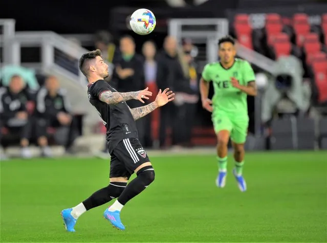 United’s Taxiarchis Fountas 11, left, during   Austin FC defeat of the DC United 3-2 at Audi Field in Washington, DC on April 16, 2022.. (Photo by John McDonnell/The Washington Post)