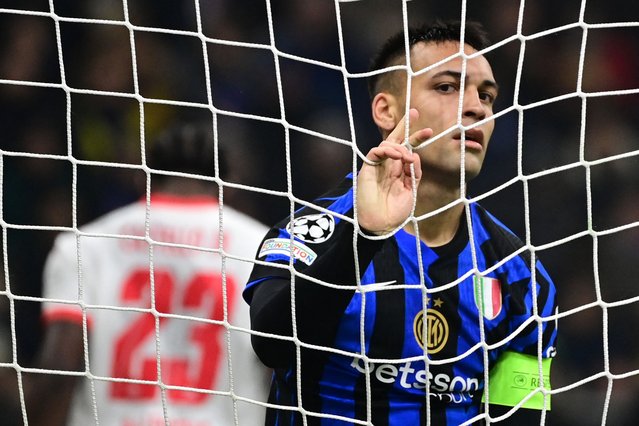 Inter Milan's Argentine forward #10 Lautaro Martinez reacts during the UEFA Champions League football match between Inter Milan and Leipzig at the San Siro stadium in Milan on November 26, 2024. (Photo by Piero Cruciatti/AFP Photo)