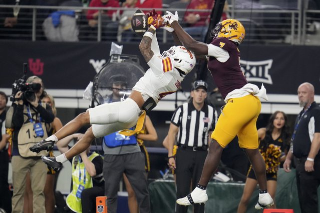 Iowa State defensive back Jeremiah Cooper (4) breaks up a pass intended for Arizona State wide receiver Xavier Guillory (1) in the second half of the Big 12 Conference championship NCAA college football game, in Arlington, Texas, Saturday December 7, 2024. (Photo by Julio Cortez/AP Photo)