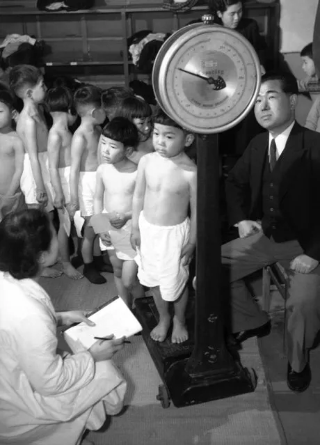 These children having their weight checked during the periodic physical examination in Hiroshima, Japan on August 2, 1952, were born during the A-bomb year. They are attending the elementary school attached to Hiroshima University. (Photo by AP Photo/Asahi)