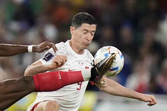 France's Aurelien Tchouameni, left, fights for the ball with Poland's Robert Lewandowski during the World Cup round of 16 soccer match between France and Poland, at the Al Thumama Stadium in Doha, Qatar, Sunday, December 4, 2022. (Photo by Moises Castillo/AP Photo)