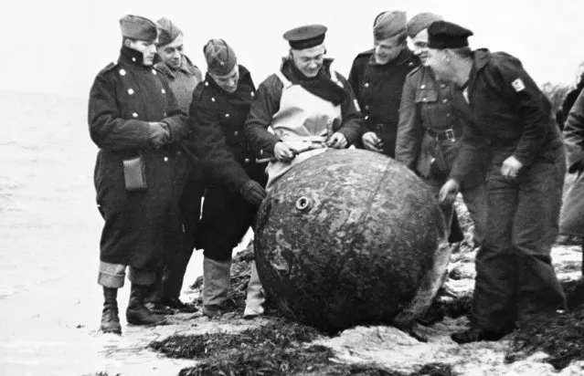 Danish mine experts unscrewing the last “horn” of a mine, December 6, 1939, one of many washed ashore on the south coast of the Danish coast from German mine fields in the sound. After the mine's “horns” have been removed the mines are harmless and can be transported to the naval base. (Photo by AP Photo)