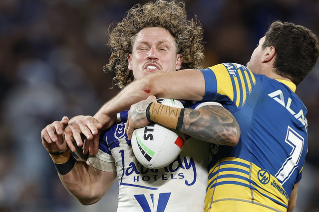 Kurt Mann of the Bulldogs is tackled during the round 14 NRL match between Canterbury Bulldogs and Parramatta Eels at Accor Stadium, on June 09, 2025, in Sydney, Australia. (Photo by Darrian Traynor/Getty Images)