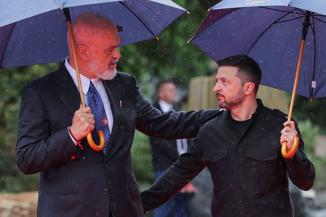 Albania's Prime Minister Edi Rama welcomes Ukrainian President Volodymyr Zelenskiy during the European Political Community Summit at Skanderbeg Square in Tirana, Albania, on May 16, 2025. (Photo by Valdrin Xhemaj/Reuters)
