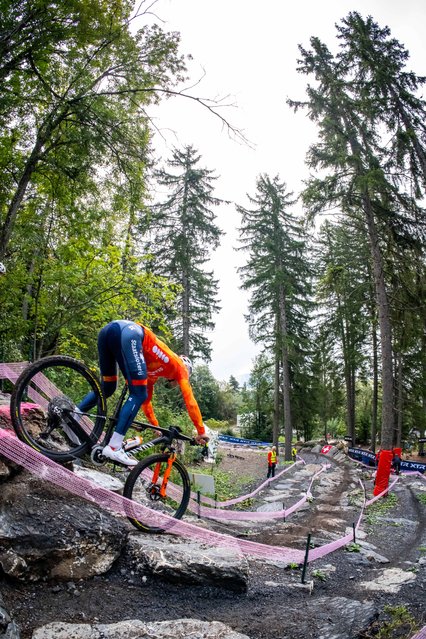 Mathieu van der Poel of Netherlands, in action during the training of the UCI MTB Men Elite Cross Country, XCO at the Mountain Bike World Championship, in Zermatt, Switzerland, 10 September 2025. (Photo by Maxime Schmid/EPA)