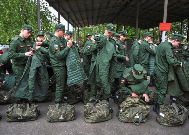Russian conscripts called up for military service prepare to depart for garrisons from a recruitment centre, amid the ongoing Russia-Ukraine conflict, in Bataysk, Rostov region, Russia on May 16, 2024. (Photo by Sergey Pivovarov/Reuters)