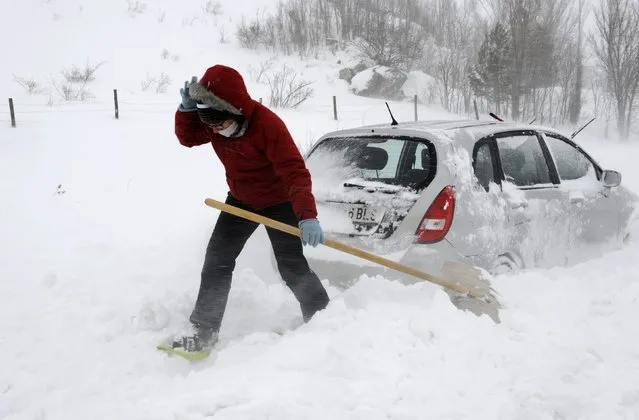 A woman works to dig out a car which got stranded during a snowstorm near Barrios de Luna, in northern Spain, February 5, 2015. (Photo by Eloy Alonso/Reuters)