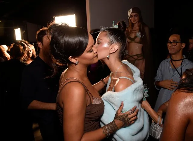 Bella Hadid and Rihanna pose backstage for the Savage X Fenty Fall/Winter 2018 fashion show during NYFW at the Brooklyn Navy Yard on September 12, 2018 in Brooklyn, NY. (Photo by Kevin Mazur/Getty Images for Savage X Fenty)