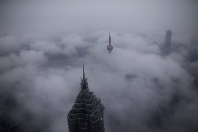 Skyscrapers Oriental Pearl Tower and Jin Mao Tower (L) are seen from the Shanghai World Financial Center, in rain at the financial district of Pudong in Shanghai, China, January 28, 2016. (Photo by Aly Song/Reuters)