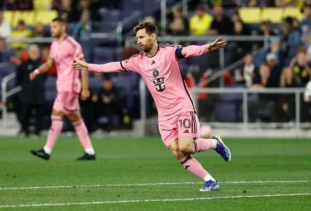 Lionel Messi #10 of Inter Miami CF celebrates after a goal against Nashville SC during the second half during the Concacaf Champions Cup Leg One Round of 16 match at GEODIS Park on March 07, 2024 in Nashville, Tennessee. (Photo by Johnnie Izquierdo/Getty Images/AFP Photo)