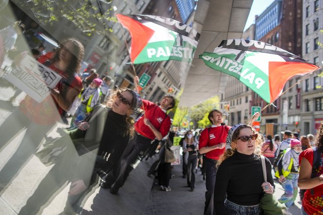 The New School students and pro-Palestinian supporters rally outside The New School University Center building, Monday, April 22, 2024, in New York. (Photo by Mary Altaffer/AP Photo)