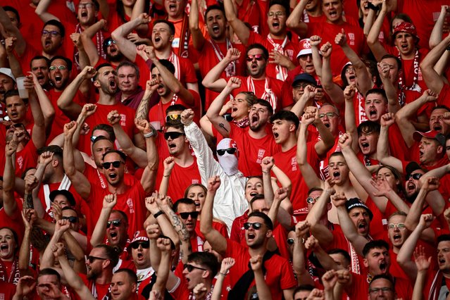 Kaiserslautern fans chanting at the German Cup final at the Olympiastadion, Berlin on May 25, 2024. Their team lost 1-0 to Bayer Leverkusen. (Photo by Annegret Hilse/Reuters)
