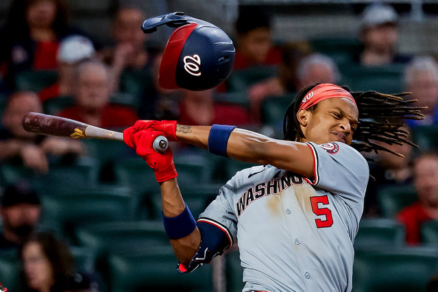 Washington Nationals shortstop CJ Abrams reacts after fouling a pitch off his chin during the ninth inning of an MLB baseball game between the Washington Nationals and the Atlanta Braves in Atlanta, Georgia, USA, 30 May 2024. (Photo by Erik S. Lesser/EPA/EFE)