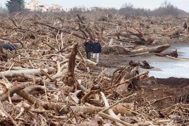People walk along a beach near the estuary of the river Le Tech in Argeles-sur-Mer, southeastern France, on January 26, 2020, where wood was washed ashore following storm Gloria. The death toll from a violent storm that has wrought havoc across huge swathes of Spain's eastern and southern coastline rose to 11 on January 23. Storm Gloria also hit parts of southern France, causing the evacuation of 1,500 people in the Pyrenees-Orientales region. (Photo by Raymond Roig/AFP Photo)
