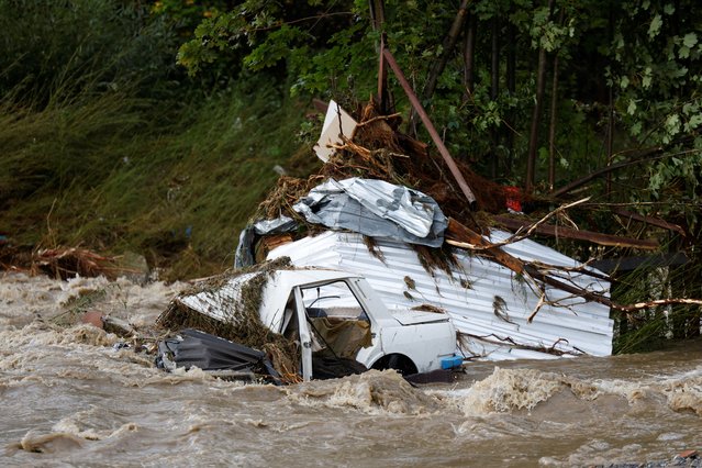 Debris is seen as floodwater flows at a flooded area, following heavy rainfall in Jesenik, Czech Republic on September 15, 2024. (Photo by David W. Cerny/Reuters)