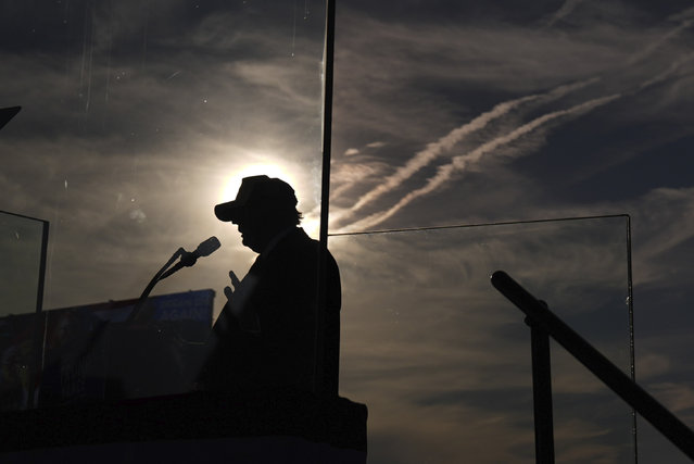 Republican presidential nominee former President Donald Trump speaks at a campaign rally at Kinston Regional Jetport, Sunday, November 3, 2024, in Kinston, N.C. (Photo by Evan Vucci/AP Photo)