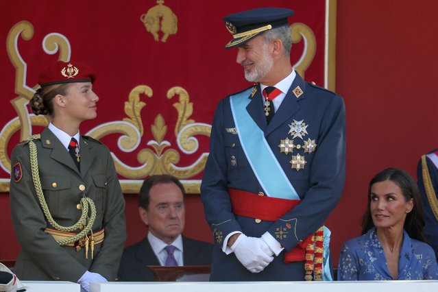 (From L) Spanish Crown Princess of Asturias Leonor, Spain's King Felipe VI and Spain's Queen Letizia attend the Spanish National Day military parade in Madrid on October 12, 2023. (Photo by Pierre-Philippe Marcou/AFP Photo)