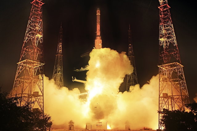 A handout photo made available by the Indian Space Research Organization (ISRO) shows the launch of the GSLV-F15 rocket carrying the NVS-02 navigation satellite at Satish Dhawan Space Center in Sriharikota, India, 29 January 2025. ISRO reached the landmark 100th launch from Sriharikota with the GSLV-F15/NVS-02 mission lifting-off at 06:23 hrs on January 29. (Photo by ISRO/EPA)