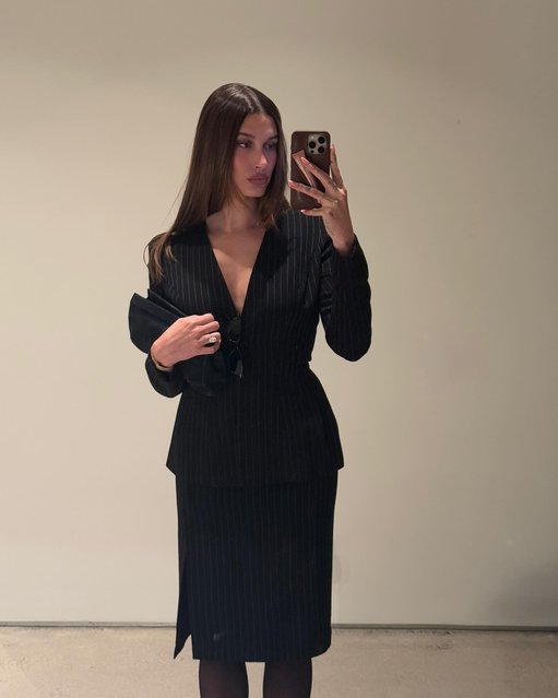 American model Hailey Bieber takes a business casual selfie in the first decade of February 2025. (Photo by haileybieber/Instagram)