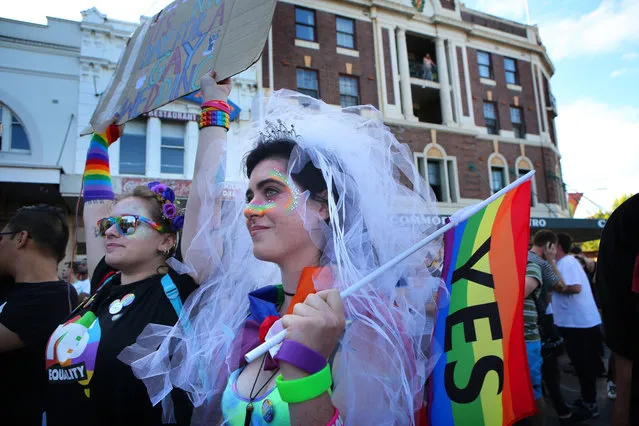 Crowds supporting the Same s*x Marriage Survey listen to politicians and advocates at Taylor Square in the heart of Sydney's gay precinct on November 15, 2017 in Sydney, Australia. Australians have voted for marriage laws to be changed to allow same-s*x marriage, with the Yes vote claiming 61.6% to to 38.4% for No vote. Despite the Yes victory, the outcome of Australian Marriage Law Postal Survey is not binding, and the process to change current laws will move to the Australian Parliament in Canberra. (Photo by James Alcock/Getty Images)