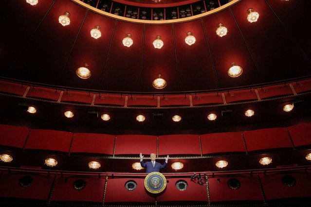 U.S. President Donald Trump gestures while he poses for a picture at the presidential box at the Kennedy Center, in Washington, D.C., U.S., March 17, 2025. (Photo by Carlos Barria/Reuters)