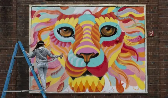 A Swedish street artist known as “Amara Por Dios” takes part in the “Sand Sea & Spray” Urban Art Festival in Blackpool, north west England on July 11, 2015. The festival, which concludes tomorrow, features live street art being produced on walls and billboards in various locations throughout central Blackpool. (Photo by Oli Scarff/AFP Photo)