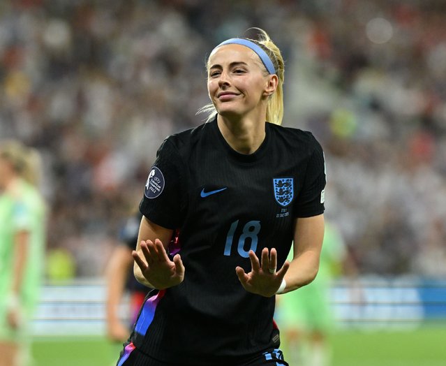 Chloe Kelly of England celebrates after scoring during the UEFA Women's EURO 2025 semi-finals match between England and Italy at Stade de Geneve on July 22, 2025 in Geneva, Switzerland. (Photo by Mustafa Yalcin/Anadolu via Getty Images)