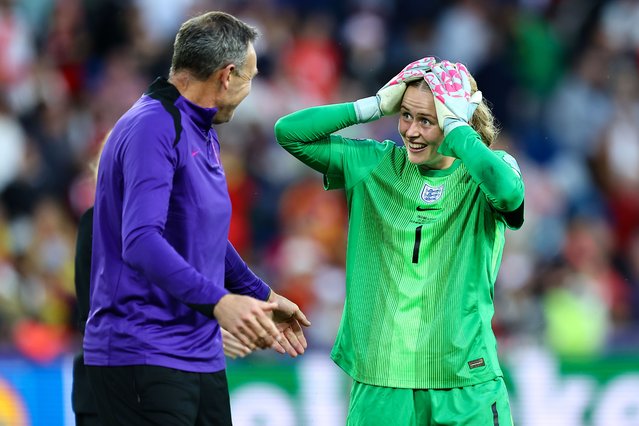 Hannah Hampton of England Women after winning the penalty shootout England Women v Spain Women, UEFA European Women's Championship, Final, Football, St. Jakob Park, Basel, Switzerland on July 27, 2025. (Photo by Michael Zemanek/Rex Features/Shutterstock)