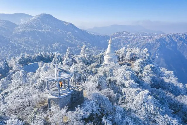 Aerial photo shows the rime scenery in Mountain Lu scenic area in Lushan City, east China's Jiangxi Province, 15 February, 2023. (Photo by Rex Features/Shutterstock)