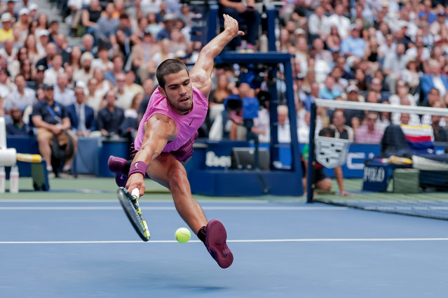 Carlos Alcaraz of Spain in action against Novak Djokovic of Serbia during the men's singles semifinals of the US Open Tennis Championships at the USTA Billie Jean King National Tennis Center in Flushing Meadows, New York, USA, 05 September 2025. The US Open tournament runs from 24 August through 07 September. (Photo by Cristóbal Herrera/EPA)