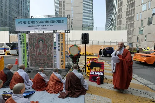 Monks from the Jogye Order, South Korea's largest Buddhist sect, hold a service in front of the Japanese Embassy in Seoul, South Korea, 10 March 2023, calling for Tokyo to scrap a decision to release water containing radioactive materials from the crippled Fukushima nuclear power plant into the sea. (Photo by Yonhap/EPA/EFE)