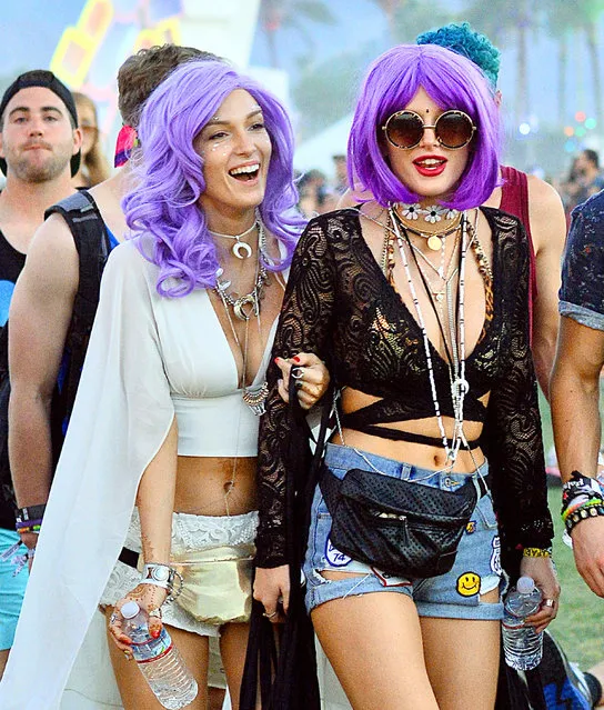 Bella Thorne and older sister Dani wore matching purple wigs while attending the Coachella Arts & Music Festival in Indio, CA on April 18, 2016. The lookalike sisters were accompanied by their boyfriends Gregg Sulkin and Dylan Jetson. (Photo by Sharpshooter Images/Splash News and Pictures)