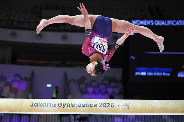 Rina Kishi of Japan competes on the balance beam during the 53rd Artistic Gymnastics World Championships in Jakarta, Indonesia, Monday, October 20, 2025. (Photo by Dita Alangkara/AP Photo(