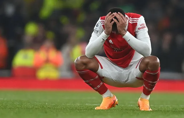 Arsenal's Gabriel Magalhaes reacts after the English Premier League soccer match between Arsenal and Southampton at the Emirates Stadium in London, Britain, 21 April 2023. (Photo by Neil Hall/EPA)
