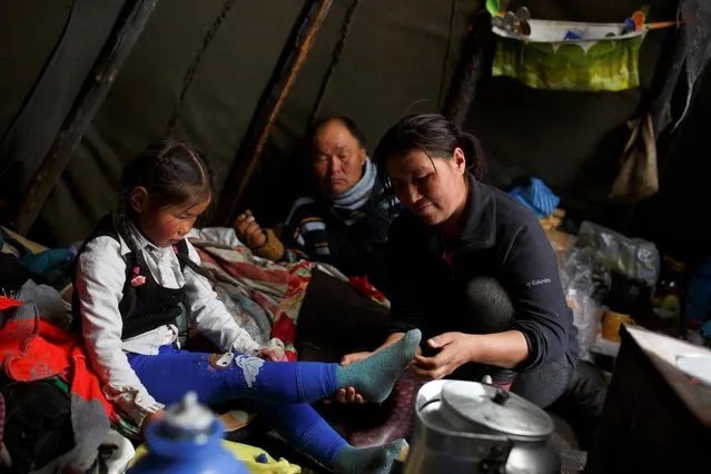 Baigalmaa Munkhbat dresses her six-year-old daughter Tsetse, as her husband Erdenebat Chuluu watches, in their tent near the village of Tsagaannuur, Khovsgol aimag, Mongolia, April 19, 2018. “My husband is a very good person, he provides for us in every way”, Munkhbat said. “My daughter is very smart for her age. I want to make sure my only daughter has all the skills she needs for life”, she said. (Photo by Thomas Peter/Reuters)