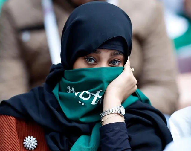 A Saudi Arabia fan waits for the start of the group A match between Russia and Saudi Arabia which opens the 2018 soccer World Cup at the Luzhniki stadium in Moscow, Russia, Thursday, June 14, 2018. (Photo by Pavel Golovkin/AP Photo)