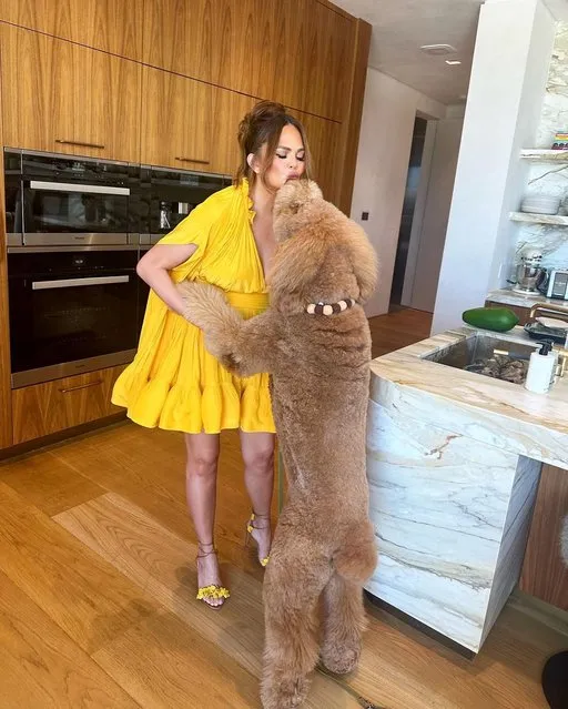 American model and television personality Chrissy Teigen in the last decade of June 2023 kisses her pup Petey. (Photo by chrissyteigen/Instagram)