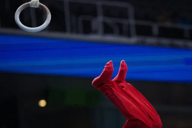 US gymnast Chase Davenport-Mills competes in the men's rings during day one of the US Gymnastics Championships at SAP Center in San Jose, California, on August 24, 2023. (Photo by Loren Elliott/AFP Photo)