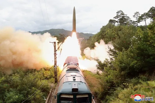 This photo provided by the North Korean government Thursday, September 16, 2021, shows a test missile is launched from a train on Sept. 15, 2021, in an undisclosed location of North Korea. North Korea says it succeeded in launching ballistic missiles from a train for the first time in part of continuing efforts to bolster its “war deterrence,” a day after the two Koreas tested-fired missiles hours apart. Independent journalists were not given access to cover the event depicted in this image distributed by the North Korean government. The content of this image is as provided and cannot be independently verified. Korean language watermark on image as provided by source reads: “KCNA” which is the abbreviation for Korean Central News Agency. (Photo by Korean Central News Agency/Korea News Service via Reuters)