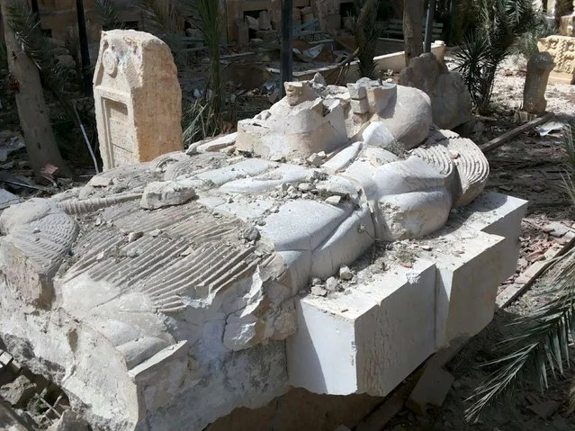 A view shows the damaged Lion of Al-Lat statue at the entrance of the museum of the historic city of Palmyra, after forces loyal to Syria's President Bashar al-Assad recaptured the city, in Homs Governorate in this handout picture provided by SANA on March 27, 2016. (Photo by Reuters/SANA)