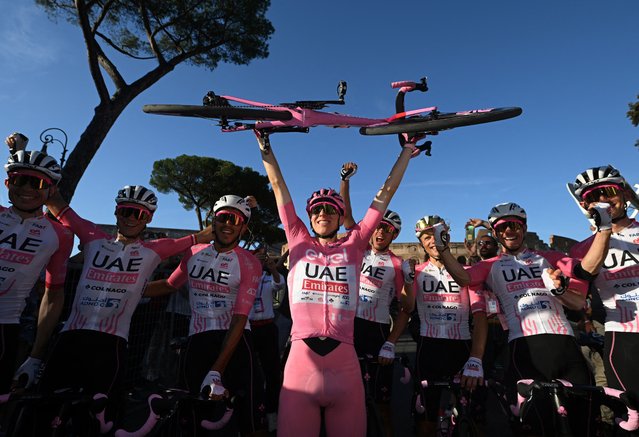 Tadej Pogacar of Slovenia and UAE Team Emirates – Pink Leader Jersey (C) celebrates with his teammates as final race overall winner after 107th Giro d'Italia 2024, Stage 21 a 125km stage from Rome to Rome / #UCIWT / on May 26, 2024 in Rome, Italy. (Photo by Dario Belingheri/Reuters)