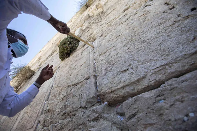 A worker removes prayer notes left by visitors in gaps between stones at the Western Wall, the holiest site where Jews can pray in Jerusalem's old city, ahead of Rosh Hashana, the Jewish new year, Wednesday, August 25, 2021. The notes are buried in a nearby cemetery according to Jewish tradition. (Photo by Ariel Schalit/AP Photo)