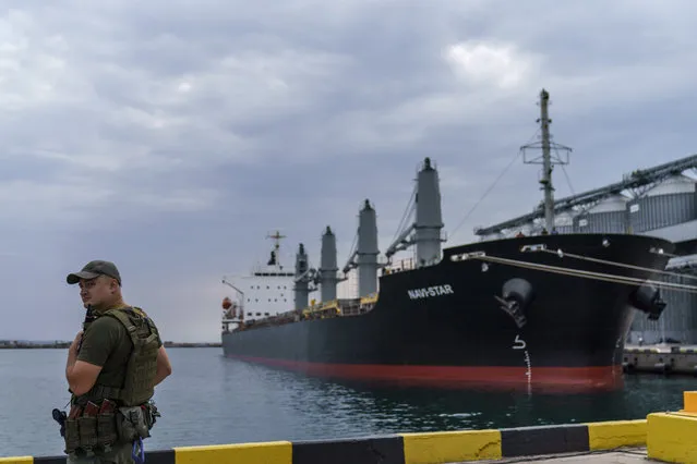 A security officer stands next to the ship Navi-Star which sits full of grain since Russia's invasion of Ukraine began five months ago as it waits to sail from the Odesa Sea Port, in Odesa, Ukraine, Friday, July 29, 2022. (Photo by David Goldman/AP Photo)